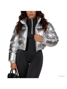Women's Cropped Puffer Jacket Zip Up Shiny Quilted Winter Coat